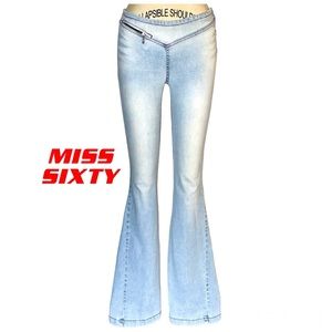 Miss Sixty Y2K Dionne Flared Light Blue Jeans Size 24 red stitching zipper